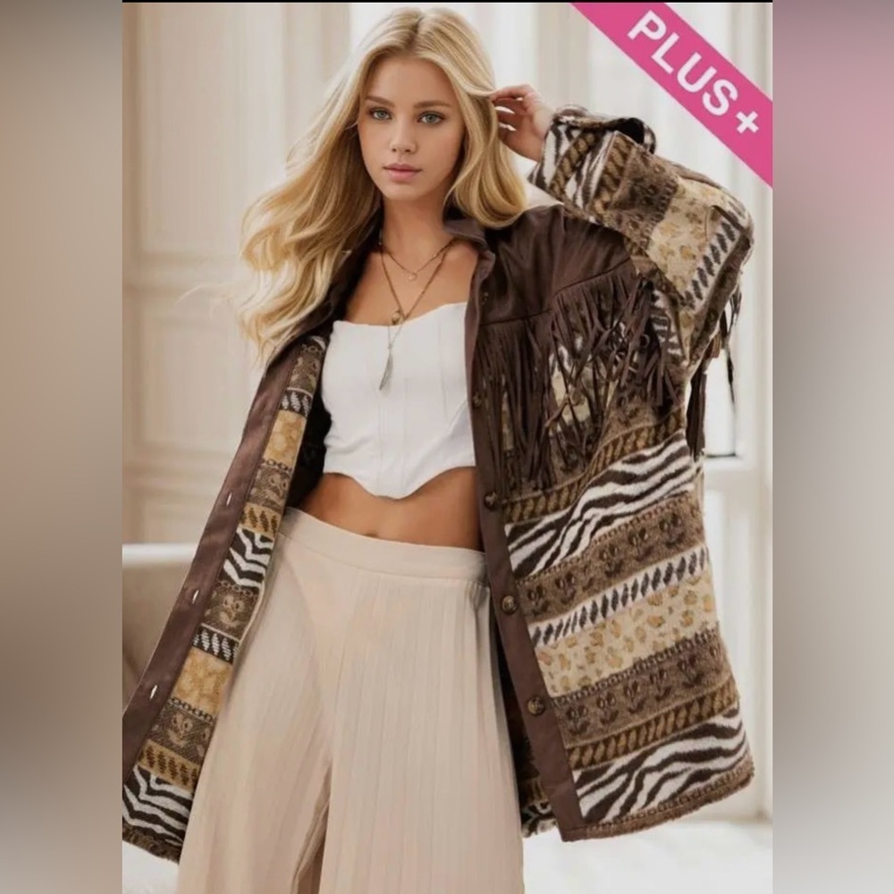 NWT!Plus Size Fringe Button Down Long Sleeve Loose Fit Jacket Sizes 1X 2X 3X - Picture 2 of 7